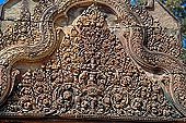 Banteay Srei temple - East entrance (4th enclosure) detail of the pediment, Indra mounted on his three-headed elephant